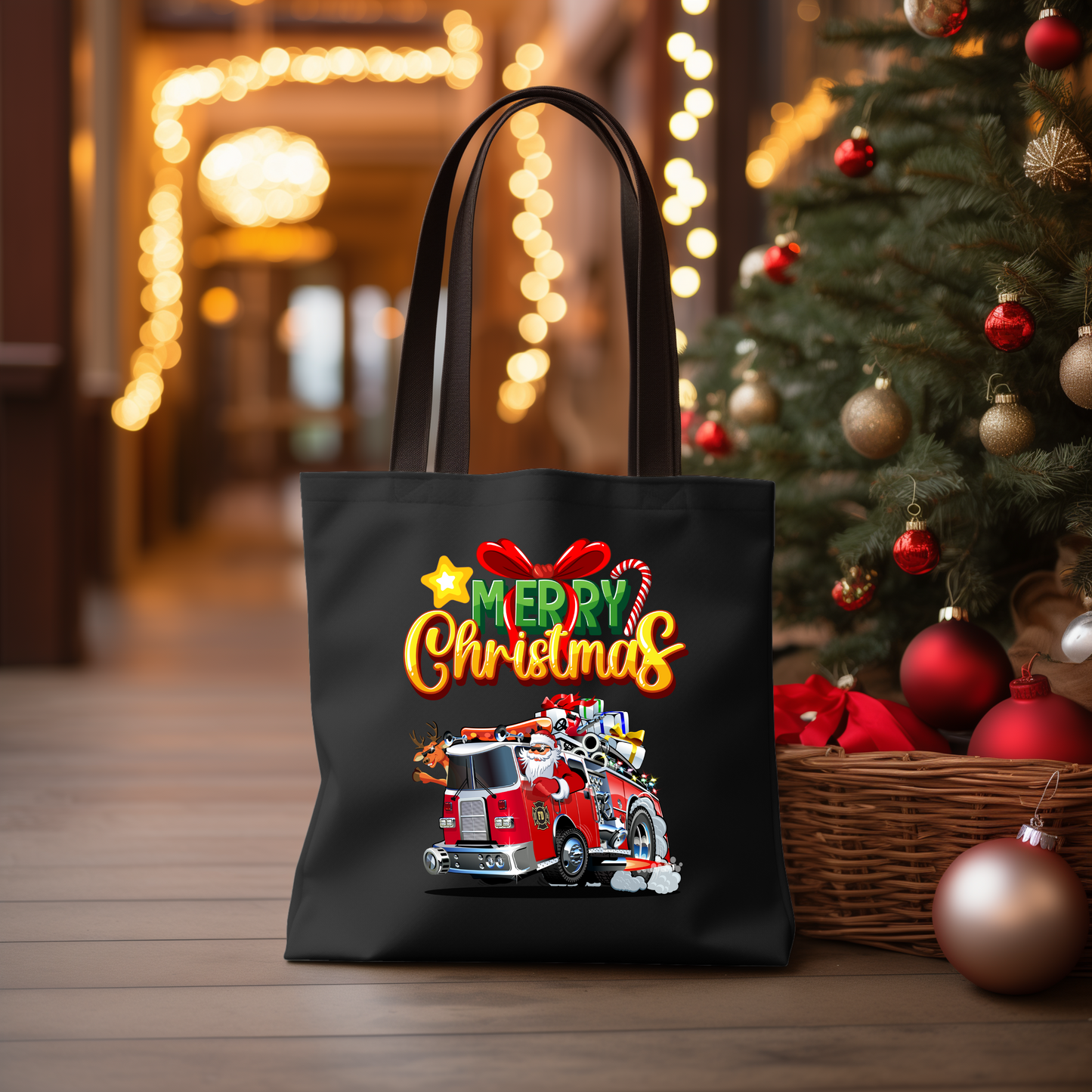 Christmas Fire Truck Tote Bag