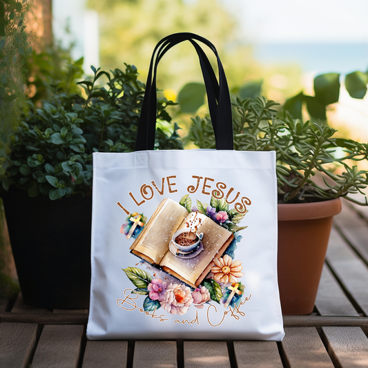 I Love Jesus Books and Coffee Tote Bag