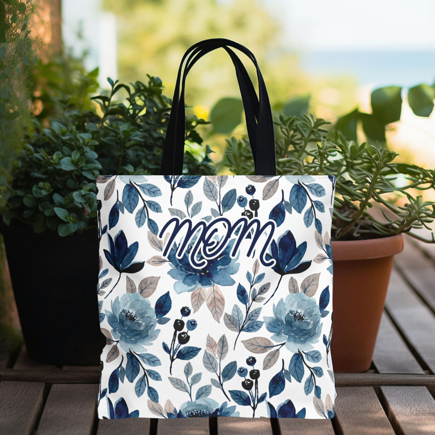 Mom Blue Floral Tote Bag