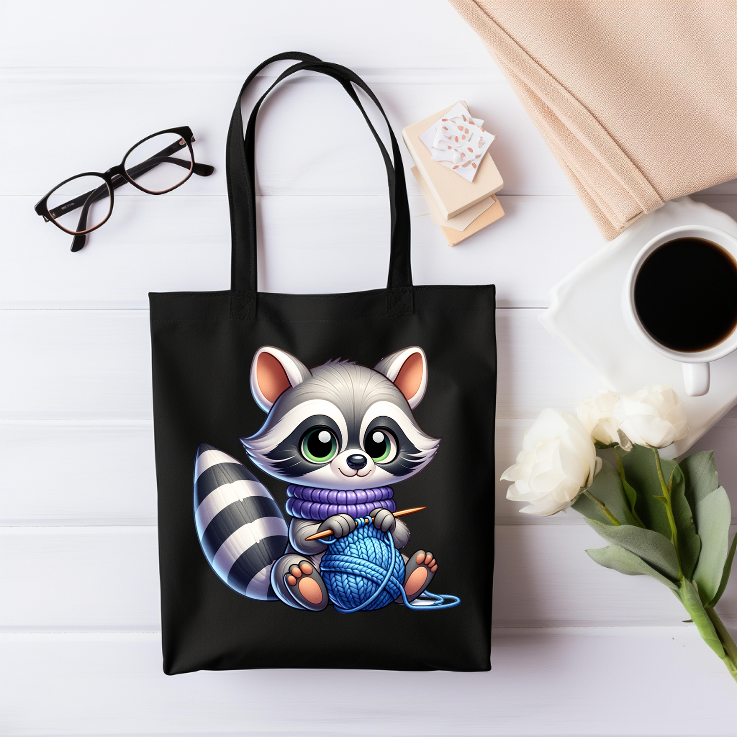 Knitting Raccoon Tote Bag